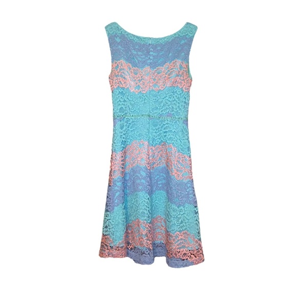 Yumi Striped Dress Blue Pink Lavender Lace Overlay Size Small Sleeveless - Picture 2 of 7